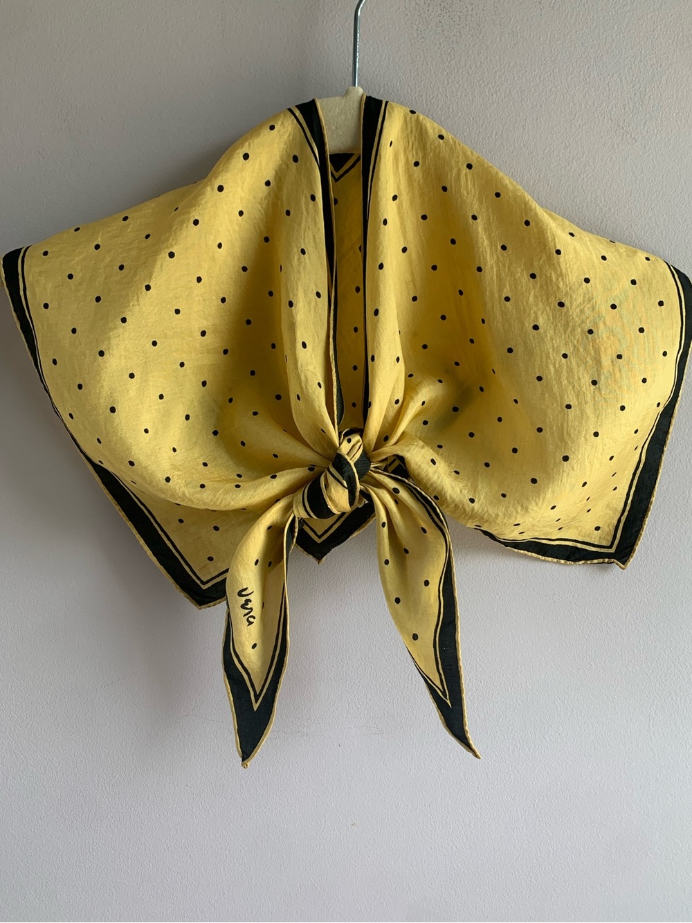 Vera Neumann Vintage Silk Split Neck Scarf Lemon Navy Polka Dot Classic Retro